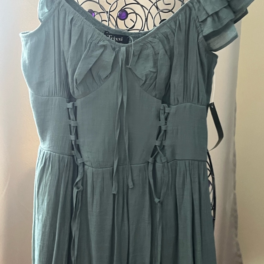 Trixxi Sage Green One-Shoulder Dress with Lace-Up Accents